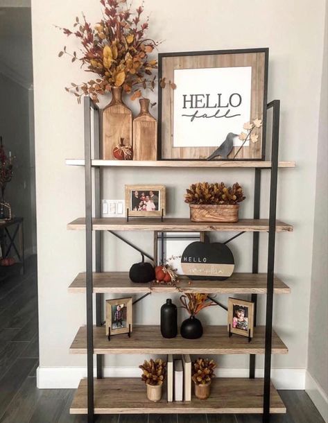 Fall Decor For Shelf, Living Room Stand Decor, Decorated Shelf In Living Room, 5 Tier Bookshelf Decor, Fall Ladder Shelf Decor Ideas, 5 Tier Shelf Decor Living Room, Western Bookshelf Decor, Fall Decor Shelves Living Room, 5 Tier Shelf Decor