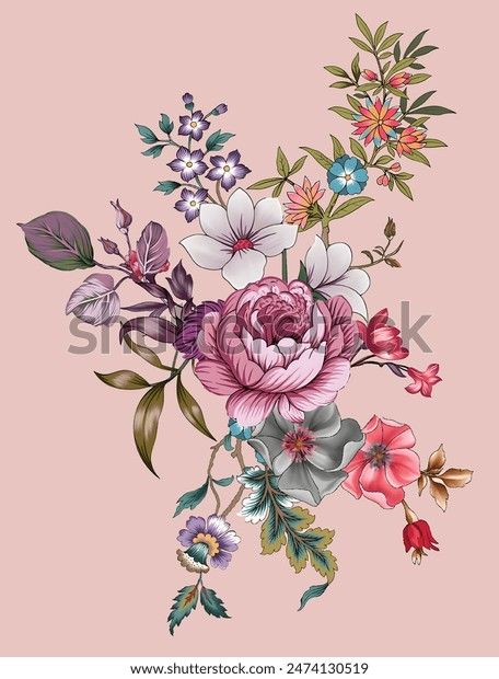 Botanical Flower Bunch, Digital Flowers Bunch, Textile Motifs, Mughal Flower, Flower Hd, Canadian Smocking, Digital Flower, Shutter Stock, Flower Bunch