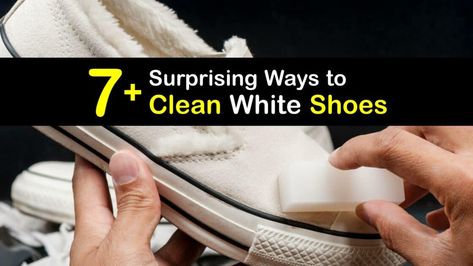 Discover ways to clean white sneakers to remove everyday dirt and tough stains. It’s easy to clean a white sneaker, whether it’s a canvas, suede, or leather shoe using laundry detergent, white vinegar, baking soda, or a Magic Eraser. #howto #clean #white #shoes Shoe Cleaner Diy, Clean Sneakers White, Cleaning White Shoes, How To Whiten Shoes, Cleaning White Canvas Shoes, White Shoes Cleaning, Clean Canvas Shoes, Clean Tennis Shoes, Clean White Shoes