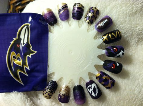 Ravens Super Bowl nails <3 Ravens Nails Baltimore, Ravens Nails, Baltimore Ravens Nails, Super Bowl Nails, Super Bowl Fashion, Occasion Nails, Nfl Ravens, Sports Nails, Poppin Nails