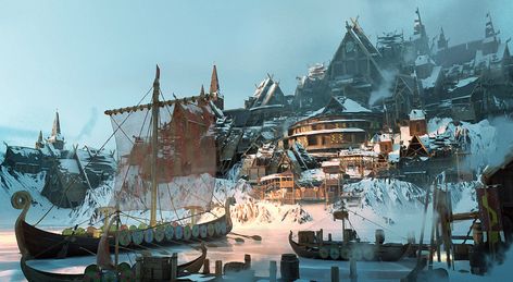 Viking Town, Game Art Environment, Nordic Architecture, Viking Village, Environment Painting, Fantasy Town, 3d Space, Dragon City, Landscape Concept