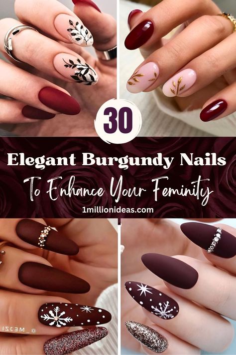 30 Elegant Burgundy Nails To Enhance Your Feminity Burgundy Nail Designs For Wedding, Burgundy Bride Nails, Almond Nails Burgundy Design, Burgundy Formal Nails, Fun Wedding Nails Design, Burgundy Nails 2023, Burgundy Nails With Accent Nail, Wine Colored Nails Burgundy Fall, Cranberry Red Nails Design