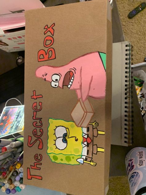 Spongebob Box Diy, Spongebob Care Package, Spongebob Box Gift, Spongebob Gift Box Ideas, Spongebob Themed Gifts, Spongebob Birthday Gift Ideas, Spongebob Valentine Box Ideas, Spongebob Secret Box Diy, Secret Box Spongebob