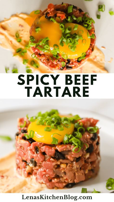 7 Course Meal Menu Ideas, Beef Tartare Recipe, Steak Tartare Recipe, Snack Counter, 7 Course Meal, Steak Tartar, Tartare Recipe, Beef Appetizers, Spicy Steak