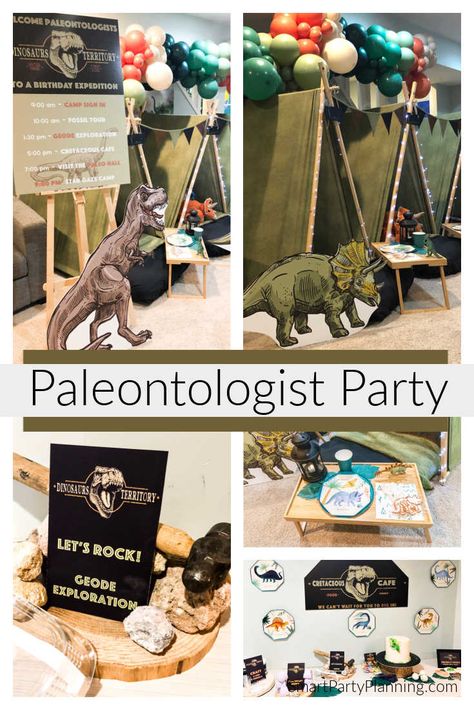 Paleontologist birthday party that kids are going to absolutely love. The party includes activities for the kids, plus ideas for how to set up a fun camp out in the home. With some simple decorations and a few party treats, this is a party that kids will talking about for a long time. Fossil Themed Party, Prehistoric Party Ideas, Dinosaur Activities For Birthday Party, Dinosaur Fossil Birthday Party, Paleontology Birthday Party, Dinosaur Birthday Party Activities Kids, Fossil Birthday Party, Paleontologist Birthday Party, Modern Dinosaur Party