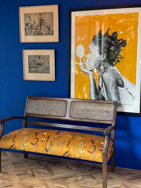 Yellow And Blue Entryway, Ochre And Blue Bedroom, Cobalt Blue Room Ideas, Bold Colour Interior, Cobalt Blue Home Decor, Cobalt Blue Painting, Cobalt Blue Interior Design, Cobalt Blue Color Scheme, Cobalt Blue Palette