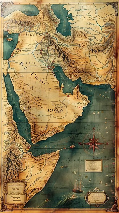 The image shows an old map of the world, centered on the Red Sea and the Arabian Peninsula. The map is surrounded by decorative elements ->> more details in ai-img-gen.com Old Map Of The World, Middle East Map, Jumma Mubarak Beautiful Images, Arabian Peninsula, Old World Maps, The Red Sea, Map Of The World, Old Maps, Jumma Mubarak