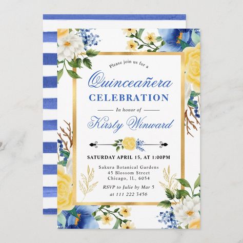 Watercolor Blue and Yellow Flowers Quinceanera Yellow And Blue Party, Blue And Gold Party, First Birthday Template, Birthday Menu, Baby Birthday Decorations, Quinceanera Invitation, Birthday Welcome Sign, Flowers Birthday, Teen Party