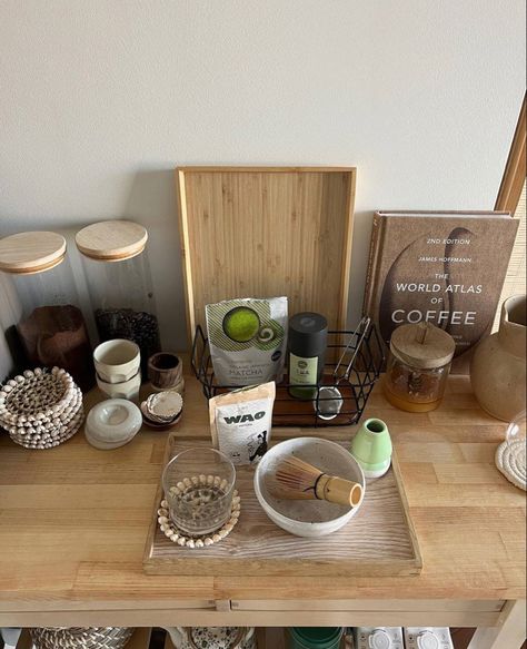 Kitchen Coffee And Tea Station, Matcha Station Ideas, Matcha Corner Home, Matcha Station Aesthetic, Matcha Bar At Home, Matcha Station At Home, Matcha Corner, Tea Station Ideas, Tea Corner Ideas