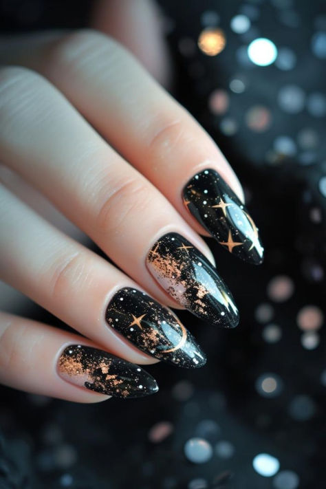 Easter Constellations Nail Design Space Themed Nails Acrylic, Celestial French Tip Nails, Acotar Inspired Nails, Astronomy Nails, Night Court Nails, Gold Butterfly Nails, Moon And Star Nails, Cute Pink Nail Ideas, Constellation Nails