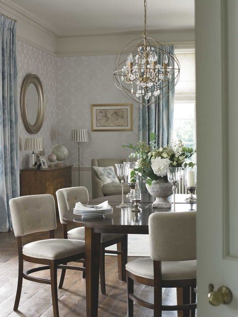 Maybe we'll never live like "Downton Abbey" aristocrats - but we can imitate the spirit of their rich, lavish interiors. Ashley Dining Room, Chandelier Pendant, Childrens Room Decor, Ceiling Chandelier, Home Wallpaper, Laura Ashley, Room Table, Traditional House, Dining Room Decor