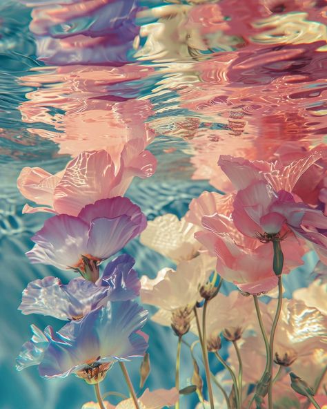 Flower Petals In Water, Flowers Floating In Water, Petals In Water, Flowers Underwater, Underwater Flowers, Wet Flowers, Flower Water, Floating In Water, Digital Art Anime