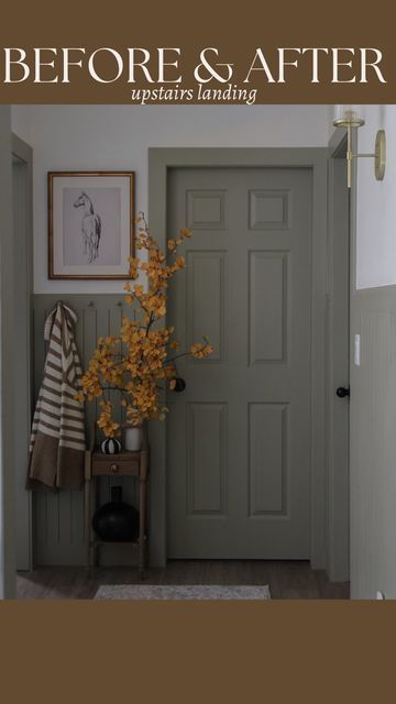 Benjamin Moore Cheyenne Green, Cheyenne Green Benjamin Moore, Green Doors Interior, Green Foyer, Green Landing, Picture Wall Shelf, Moody Paint, Before And After Home, Foyer Stairs