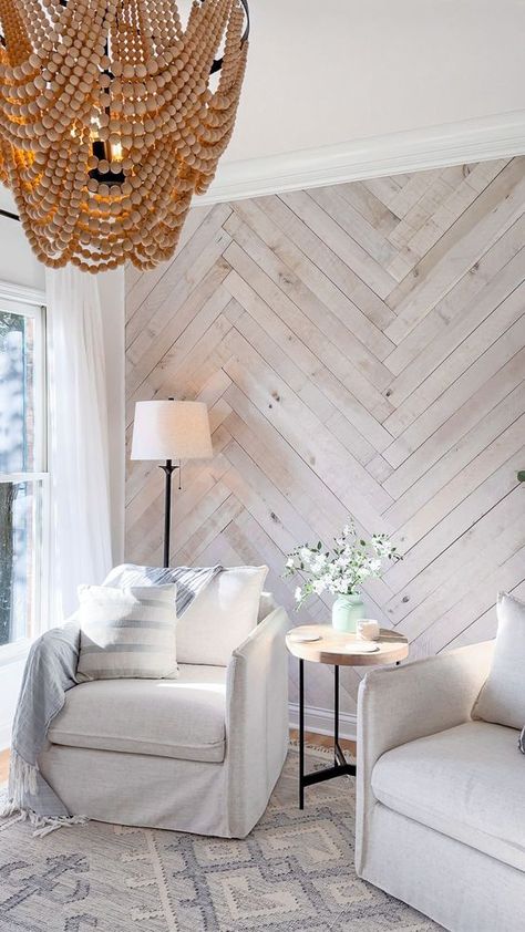 How to install a DIY herringbone accent wall with weathered wall boards from Weaber Lumber. This is the perfect coastal sitting room! Coastal Living Rooms Accent Wall, Herringbone Plank Wall, Chevron Shiplap Wall, Shiplap Wallpaper Accent Wall, Shiplap Accent Wall Living Room, Coastal Accent Wall, Diy Accent Walls, Ceiling Accent, Herringbone Accent Wall