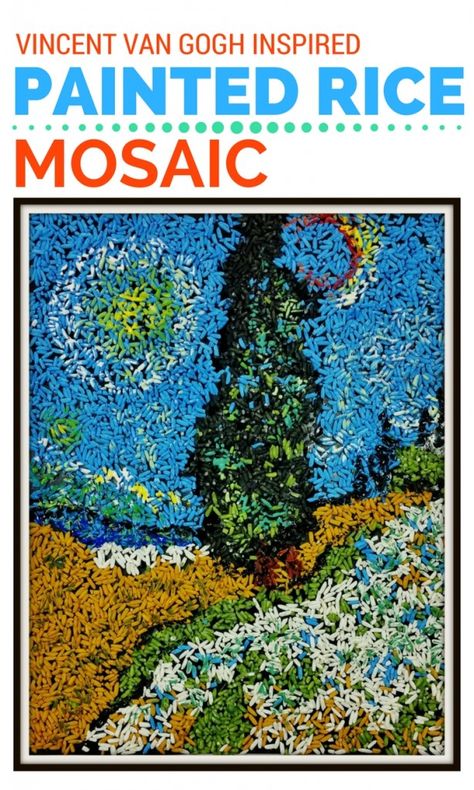 van-gogh-painted-rice-mosaic Rice Painting Art, Van Gogh Kids Art Projects, Rice Mosaic, Mosaic Art For Kids, Rice Painting, Van Gogh Art Lesson, Mosaics For Kids, Rice Art, Dutch Landscape