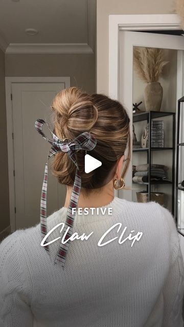 Nichole Ciotti on Instagram: "When in doubt, put a festive bow on it! 🎁

This is a quick holiday hairstyle you can easily recreate using a claw clip and ribbon. Gather your hair into a ponytail. Twist hair down and around as if you’re about to form a donut bun. Instead of wrapping the hair around itself, pull the tail straight up. Twist hair and fold tail down. Secure with a claw clip. I tied a plaid ribbon on my clip to make this look more fun and festive. Bows are having a major moment this season! Happy Holidays! ✨

#hair #hairtutorial #updo #hairstyles" Using A Claw Clip, Donut Bun, Twist Hair, A Ponytail, Plaid Ribbon, Updo Hairstyles, Holiday Hairstyles, Hair Down, Twist Hairstyles