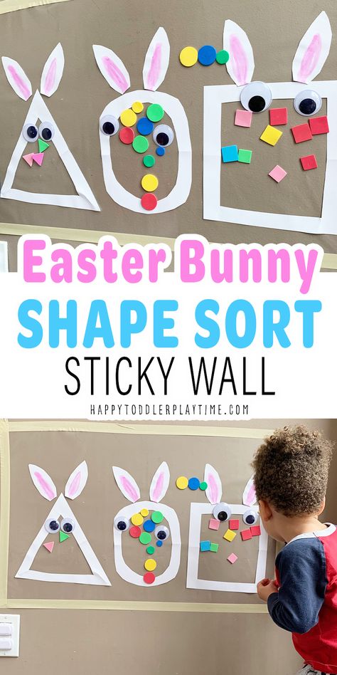 Easter Bunny Shape Sort Sticky Wall Activity - Happy Toddler Playtime Easter Butcher Paper Activity, Easter Table Activities Preschool, Bunnies And Chicks Preschool Activities, Bunny Activities For Toddlers, Bunny Activities For Preschool, Easter Lesson Plans Preschool, Bunny Crafts For Toddlers, Easter Shapes, Math Activities For Toddlers