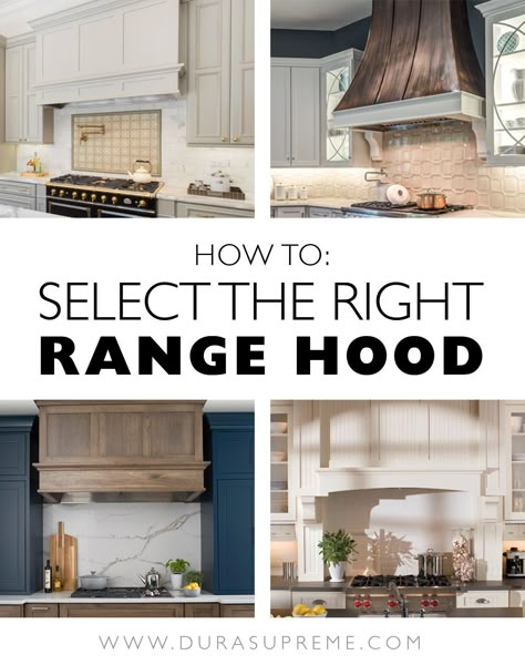 Selecting the Right Range Hood: There are so many potential range hood styles to select – from extremely oversize hoods to concealed hoods – the possibilities are endless! Learn more… #rangehood #hoods #kitchendesign #durasupreme #cabinets #cabinetry #kitchen #kitchens #hood #woodhood Kitchen Stove Hoods Farmhouse, Stove Hood Cover Ideas, Kitchen Fans Hood, Bell Shape Range Hood, Gas Stove Hood Ideas, Kitchen Hood And Cabinets, French Country Oven Hood, Kitchen Vents Ideas, Beautiful Kitchen Hoods