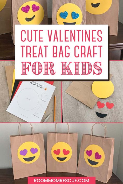 Kids Valentines Day Treats, Valentine Treat Bags, Valentines Card Holder, Valentines Day Bags, Emoji Valentines, Kindergarten Valentines, February Classroom, Valentine Notes, Valentine Treat