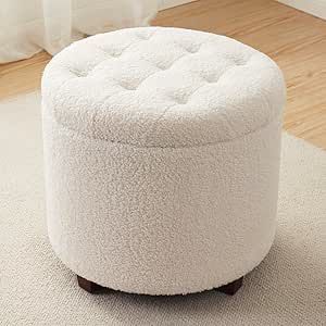 Ornavo Home Decor Round Ottoman with Storage, Round Vanity Chair Stool Ottoman Pouf with Storage for Living Room and Bedroom, Boucle White Vanity Chair Stool, Round Ottoman With Storage, Small Round Ottoman, Round Vanity, Storage For Living Room, White Stool, Ottoman With Storage, Round Storage Ottoman, Stool Ottoman