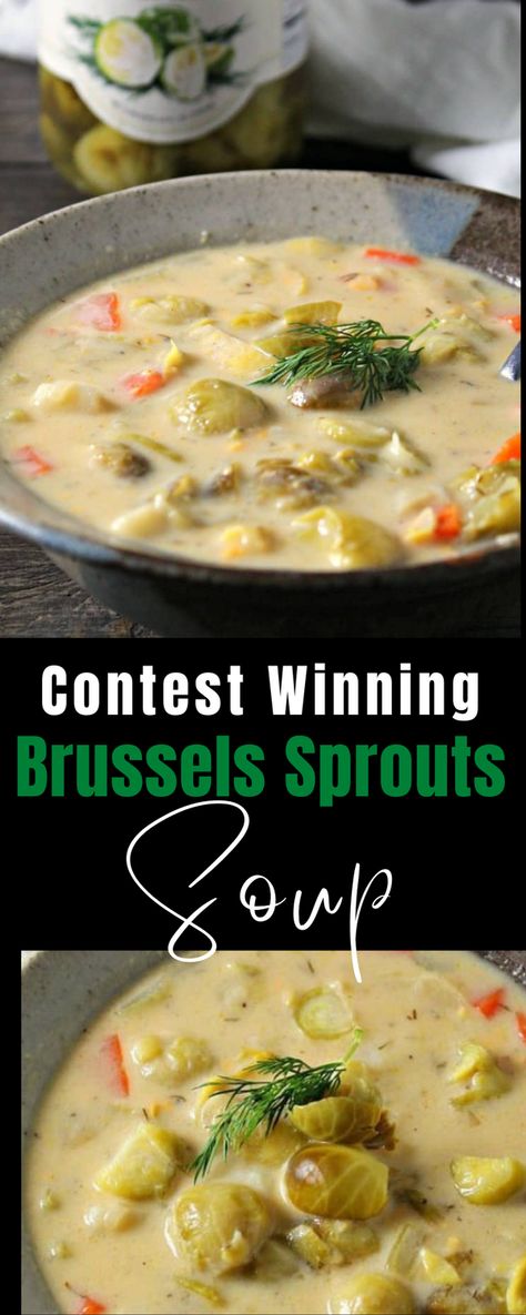 Contest Winning Brussels Sprouts Soup - easy, hearty 30 minute meal. Delicious creamy soup with potatoes, carrots and dilled brussels sprouts for plenty of tangy taste. #comfortfood #souprecipe #brusselssprouts #brusselsprouts #brusselssproutssoup #brusselsproutssoup #soupseason #fallsouprecipe #brusselssproutsrecipe #30minutemeal #agoudalife Brussels Sprout Soup Recipe, Brussel Sprout Recipes Soup, Creamy Low Carb Soup, Brussel Sprout Soup Recipes, Brussel Sprouts Soup Recipe, Soups With Brussel Sprouts, Brussel Sprouts Soup, How To Cook Brussels Sprouts, Soups And Chowders