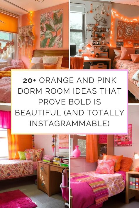 20  Orange and Pink Dorm Room Ideas That Prove Bold is Beautiful (and Totally Instagrammable) - HearthandPetals Pink Dorm Room Ideas, White Dorm Room, Peach Bedroom, Dorm Themes, Pink Dorm Rooms, College Dorm Room Inspiration, Room Pics, Pink Ideas, Pink Dorm