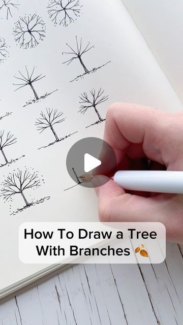 Drawing Ideas Trees Nature, Tree With Falling Leaves Drawing, Simple Trees Drawing, Landscape Ideas Sketch, Drawing Trees Simple, Draw Tree Easy, Tree Outline Drawing, How To Draw A Tree, Simple Tree Drawing