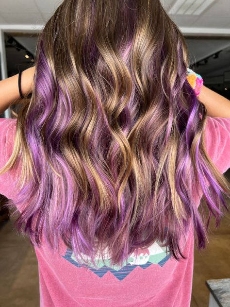 Purple Streaks In Brown Hair Highlights, Streaks Of Purple In Hair, Platinum With Purple Highlights, Blonde Purple Peekaboo, Peekaboo Hair Color Pink And Purple, Light Brown Hair With Purple Highlights Underneath, Purple Hair Highlights Peekaboo, Fun Color Highlights In Brown Hair, Brown Hair With Pink And Purple Highlights