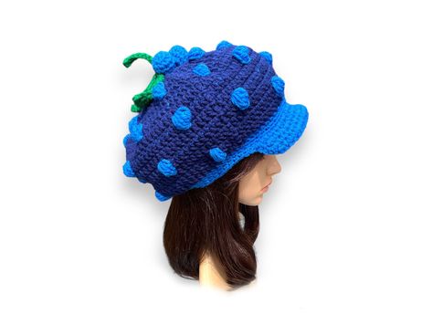 Crochet Bumps, Blueberry Crochet Hat, Blueberry Accessories, Fruity Aesthetic, Blue Crochet Hat, Crochet Blueberry, Crazy Hat, Crazy Hat Day, Crochet Idea