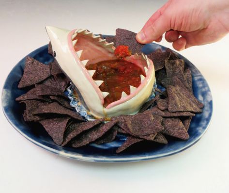 Shark Chips and Dip Plate – Avi Ceramics Shark Plate, Chips And Dip, Chip And Dip Bowl, Sushi Plate, Tanah Liat, Chips And Salsa, Pottery Crafts, Ceramics Pottery Art, Shark Week