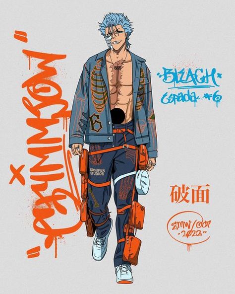 EMW on Instagram: "One of my favorite characters🔥 • Outfit inspired by KidSuper s/s 2020 collection • • #bleach #grimmjow #manga #anime #animeart #bleachart #designer #fashion #runway" Bleach Streetwear Anime, Bleach Fashion Anime, Bleach Anime Fashion, Bleach Fashion Art, Bleach Inspired Outfits, Bleach Outfits Manga, Bleach Fashion Manga, Grimmjow Manga, Bleach Streetwear