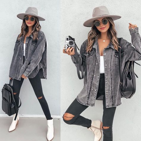 VICIDOLLS on Instagram: “TREND SPOTLIGHT // DENIM ON DENIM We are obsessed with @jilldeconti in this ultra fab denim on denim #ootd that is ready to take the day…” Denim Jacket Outfit Fall, Black Denim Jacket Outfit, Oversized Denim Jacket Outfit, Grey Jean Jacket, Denim Ootd, Shacket Outfit, Winter Jacket Outfits, Grey Denim Jacket, Denim Shacket