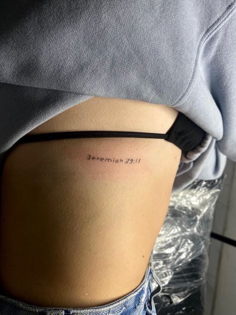 Faith Tattoo Ribs, Bible Verse Placement Tattoo, Bible Verse Tattoos On Ribs, Bible Verse On Ribs Tattoo, Dainty Bible Tattoos, Fine Line Tattoo Bible Verse, Patchwork Tattoo Ideas Christian, Small Tattoos Bible Verses, Rib Tattoos For Women Bible Verse