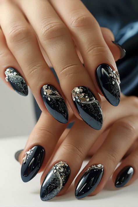 Dark Blue nails Dark Blue Nails Christmas, Dark Engagement Nails, Navy Wedding Nails Bridesmaid, Nail Ideas Blue And Black, Dark Blue Nails With Silver, Night Court Nails, Dark Blue And Silver Nails, Dark Nails Designs, Black And Blue Nail Ideas