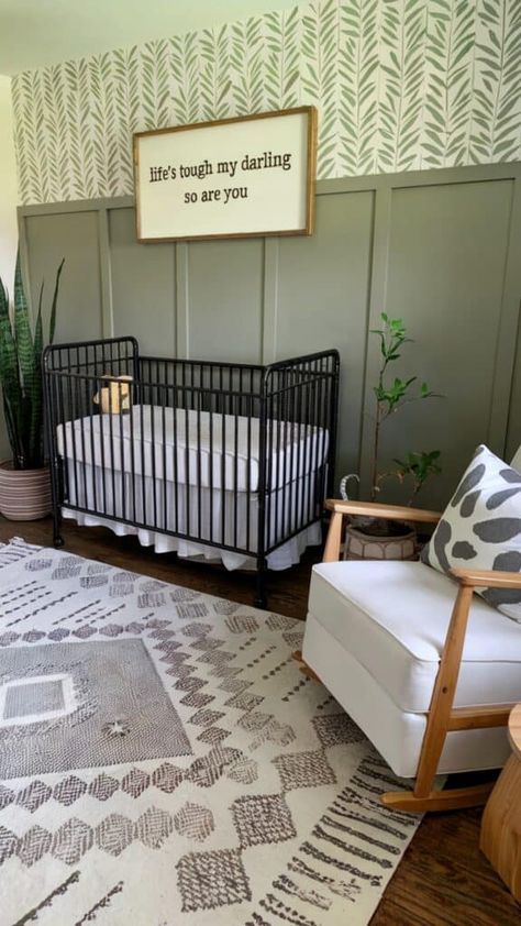 29 Dreamy Green Nursery Ideas for a Peaceful, Nature-Inspired Haven Nursery With Black Furniture, Green Paneling, Modern Rustic Nursery, Green Nursery Ideas, Nursery 2024, Crib Makeover, Earthy Nursery, Cozy Inspiration, Black Crib