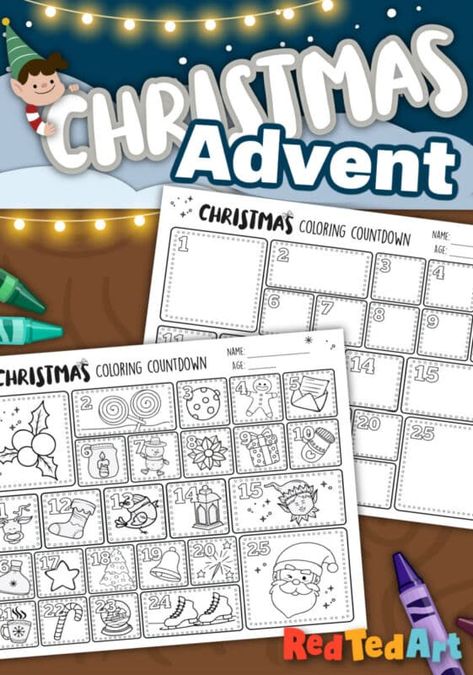 Advent Calendar Coloring Page Printable - RedTedArt Christmas Fun Kids Christmas Activity, Free Printable Christmas Decorations, Christmas Countdown For Kids, Christmas List Printable Free Kids, Advent Coloring Pages, Free Advent Printables For Kids, Advent Colouring Free Printable, Activity Advent Calendar For Kids, Christmas Countdown Coloring Pages