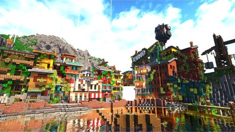 Minecraft Fantasy Build in Hermitcraft Bdubs Hermitcraft Builds, Hermitcraft Builds, Hermitcraft Season 8, Minecraft Ideas To Build, Minecraft Hermitcraft, Cyberpunk Inspiration, Minecraft Kingdom, Shopping District, Mc Ideas