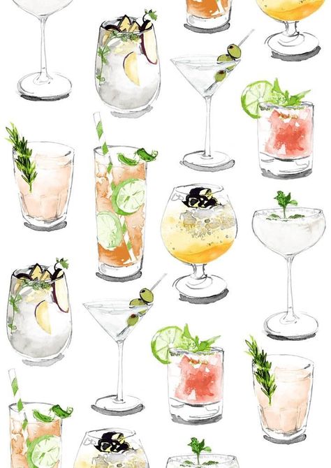 Watercolor Drinks Cocktails, Drinks Watercolor, Watercolor Drinks, Watercolor Cocktails, Types Of Drinks, Drink Illustration, Menue Design, Cocktail Illustration, Food Sketch