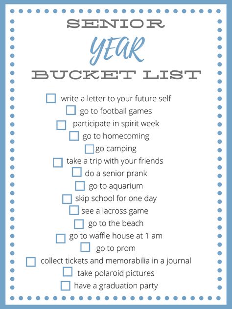 Senior Year Checklist, Senior Bucket List, School Bucket List, Senior Year Bucket List, High School Bucket List, Year Checklist, Senior Year Planning, Senior Year Scrapbook, Year Bucket List