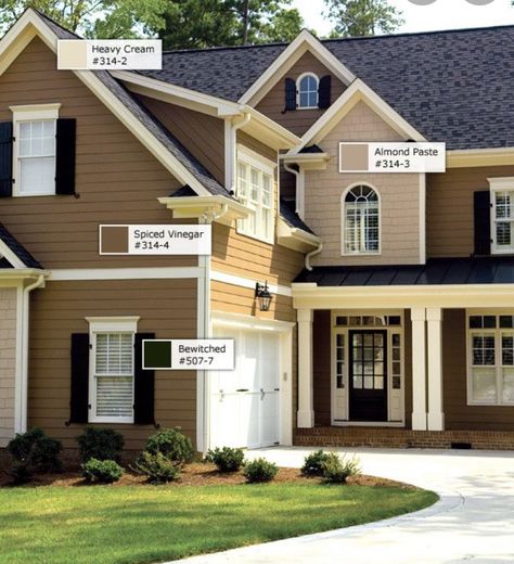 Brown And White House Exterior, Pittsburgh Paint Colors, White Windows Exterior, Brown Exterior House Colors, Outdoor House Colors, Brown Shutters, Exterior Paint Color Combinations, Pittsburgh Paint, Exterior Color Palette