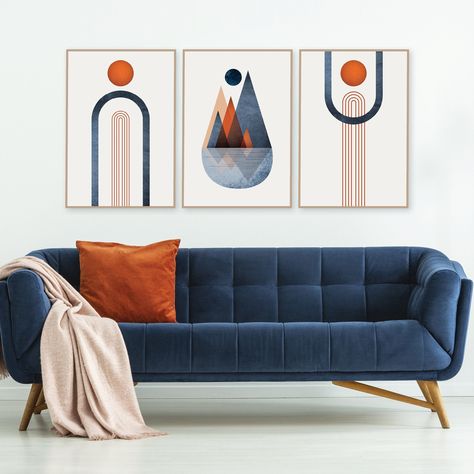 Blue And Orange Living Room, Burnt Orange Living Room, Blue Couch Living Room, Trio Matching, Navy Living Rooms, Navy Blue Wall Art, Navy Blue Walls, Blue Couches, Living Room Orange