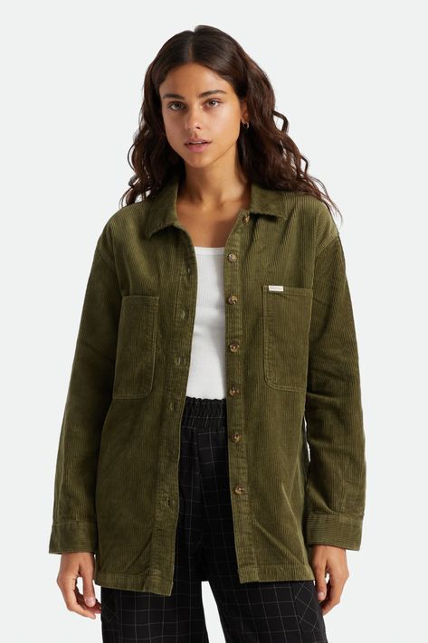 Women's Bowery Tunic Overshirt - Military Olive – Brixton Logo L, Flannel Shirts, Three Friends, Woven Top, Oversized Shirt, Art Music, Flannel Shirt, Tank Top Shirt, Military Jacket