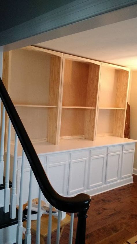 Adding Shelves To Cabinets, Base Cabinets For Built Ins, Upper Cabinets As Base Built Ins, Install Cabinets, Deep Bookcase, Reading Nook Closet, Unfinished Kitchen Cabinets, Countertop Paint, Bookcase Hack