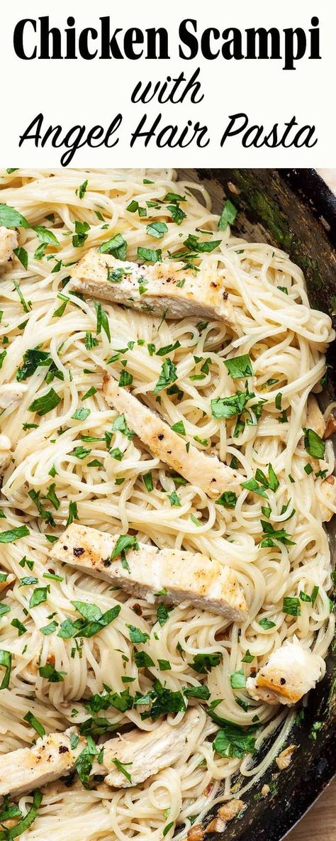 Chicken Scampi with Angel Hair Pasta! Swap the shrimp for chicken in this classic recipe. All you need is chicken, angel hair pasta, butter, olive oil, garlic, white wine, lemon, and parsley. So simple and so satisfying. #Chicken #ChickenDinner #EasyDinner #Scampi Chicken Angel Hair Pasta, Angel Hair Pasta Recipes, Chicken Scampi, Olive Oil Garlic, Angel Hair Pasta, Pasta Dinner Recipes, Angel Hair, Easy Pasta Recipes, Easy Pasta