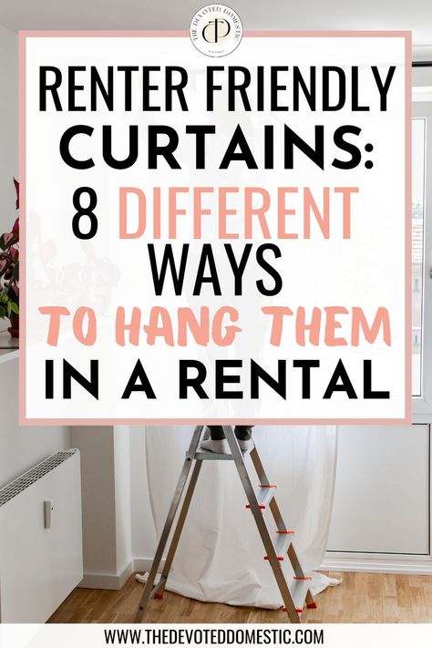 Ready to learn how to hang curtains in a rental? Here are 8 DIFFERENT ideas for renter friendly curtains that'll let you have your privacy without risking your security deposit! Curtain Rod Ideas For Apartments, Renter Hacks Apartments Curtain Rods, Easy Ways To Hang Curtains, Hanging Curtains In A Rental, How To Hang Curtains In Apartment, No Damage Curtain Hanging, Curtains For Renters, How To Hang A Curtain Without A Rod, Curtain Rods For Renters