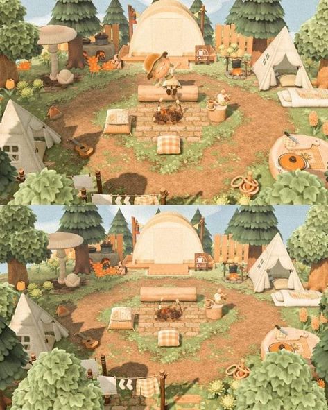 Acnh Cottagecore Theme, Acnh Cottage Core Builds, Acnh Island Cottagecore Ideas, Acnh Cottage Core Island Ideas, Acnh Campsite Ideas Cottagecore, Acnh Campsite Idea, Animal Crossing Island Inspiration Campsite, Camp Ideas Animal Crossing, Campsite Inspo Acnh