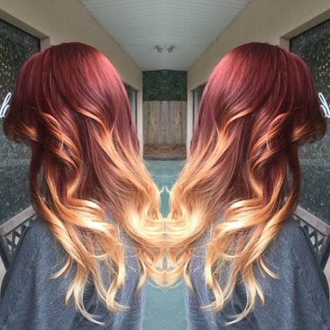 Red fiery ombre hair dye blonde ends #red #ombre #redombre #fieryhair Blonde Roots Red Ends, Hair Dye Blonde, Ombre Hair Dye, Baddie Mood, Red And Blonde Hair, Ethereal Hair, Dyed Ends Of Hair, Pinwheel Hair Color, Hair Perms