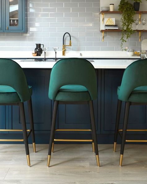 30 Stunning Green Kitchen Ideas That Youll Want to Copy Now Townhouse Decor, Modern Kitchen Stools, Modern Bar Stools Kitchen, Mid Century Bar Stools, Green Kitchen Island, Green Bar Stools, Green Bar, Luxury Bar, Stools For Kitchen Island