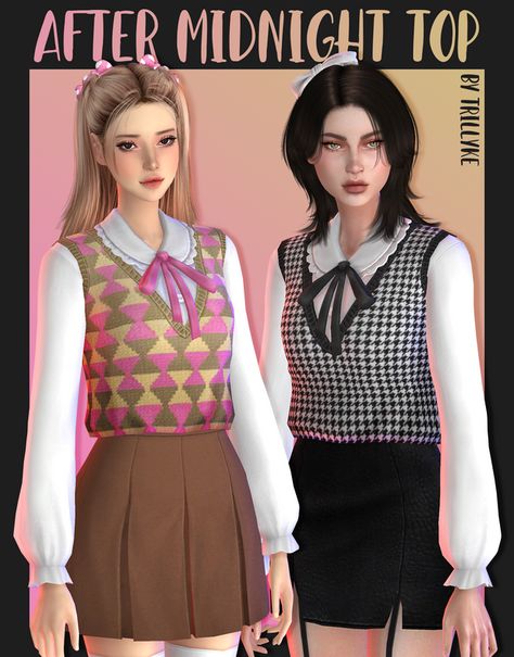 After Midnight Top | Trillyke on Patreon Puffy Sleeves Top, Mods Sims 4, Lotes The Sims 4, Knitted Vests, Pelo Sims, Egirl Clothes, Sims 4 Mm Cc, Sims 4 Cc Folder, Sims 4 Characters