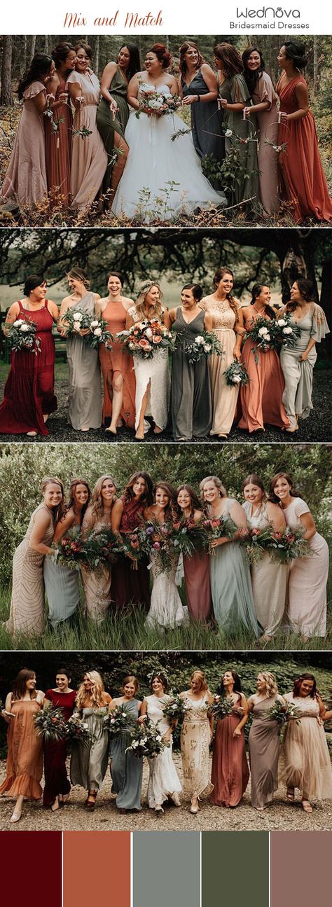 Bridesmaid Dresses Color Palette, Matching Bridesmaids Dresses, Earth Tone Wedding, Matching Bridesmaids, Fall Bridesmaids, Fall Bridesmaid Dresses, Bridesmaid Colors, Mismatched Bridesmaids, Wedding Themes Fall